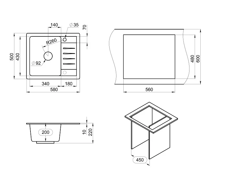 Мойка для кухни Granula Standart 5803 базальт, 58х50 см, прямоугольная