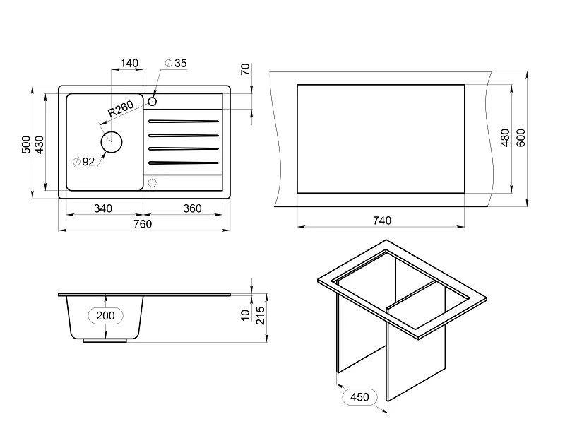 Мойка для кухни Granula Standart 7602 базальт, 76х50 см, прямоугольная